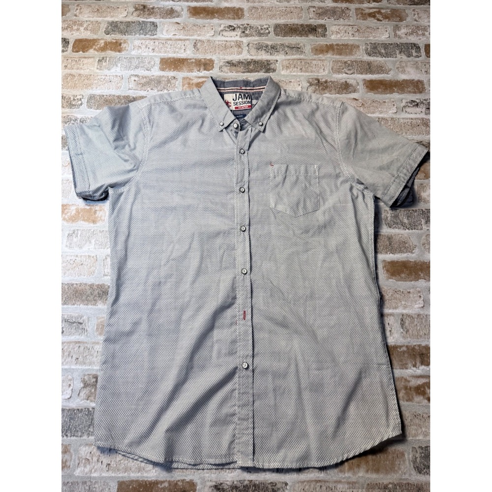 Jam Session Mens Slim Fit Short Sleeve Button Down Shirt Grey Geometric Print XL